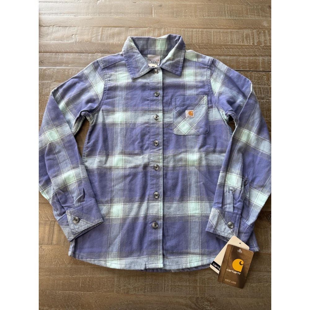Carhartt Shirt Girls Medium 10 Blue Green Plaid Button‎ Down Flannel Kids CE9140